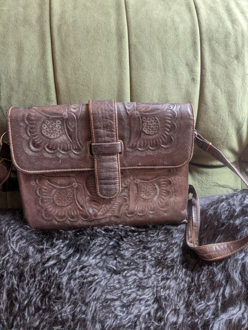 Vintage Embossed Brown Leather Floral Crossbody Bag